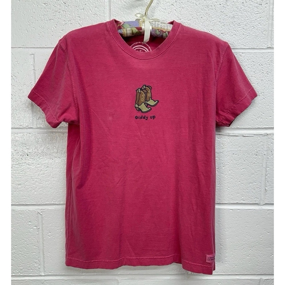 Life is Good Giddy Up T Shirt Womens Small Red Cowboy Boots Boxy Tee